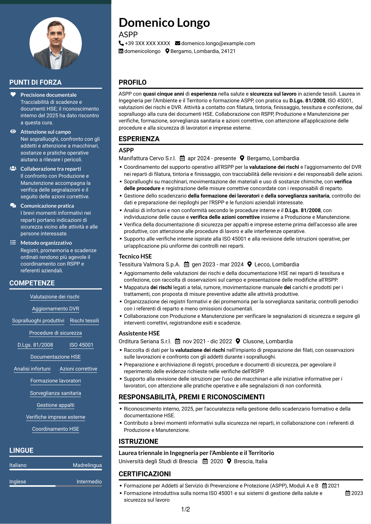CV Elegante (formato con colonna laterale colorata e foto): Addetto al Servizio di Prevenzione e Protezione (ASPP) - Sicurezza industriale tessile, pagina 1