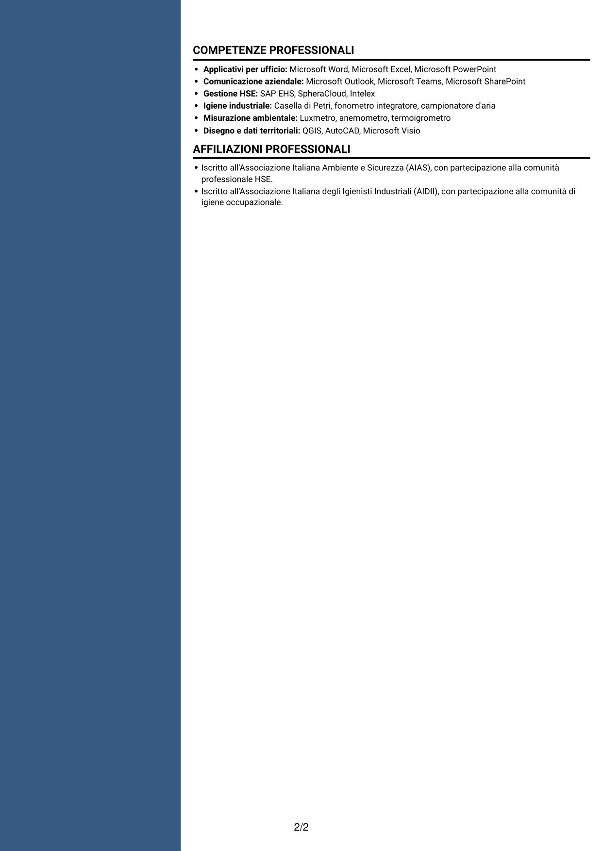 CV Elegante (formato con colonna laterale colorata e foto): Addetto al Servizio di Prevenzione e Protezione (ASPP) - Sicurezza industriale tessile, pagina 2