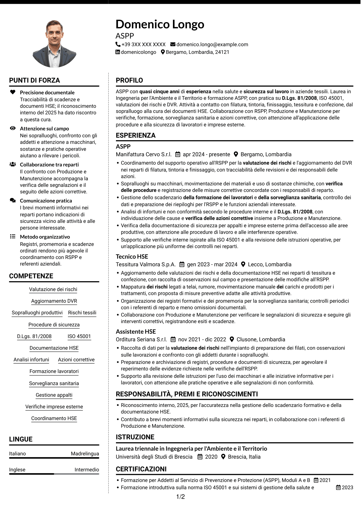CV Moderno (formato a due colonne con foto a sinistra e separatore): Addetto al Servizio di Prevenzione e Protezione (ASPP) - Sicurezza industriale tessile, pagina 1
