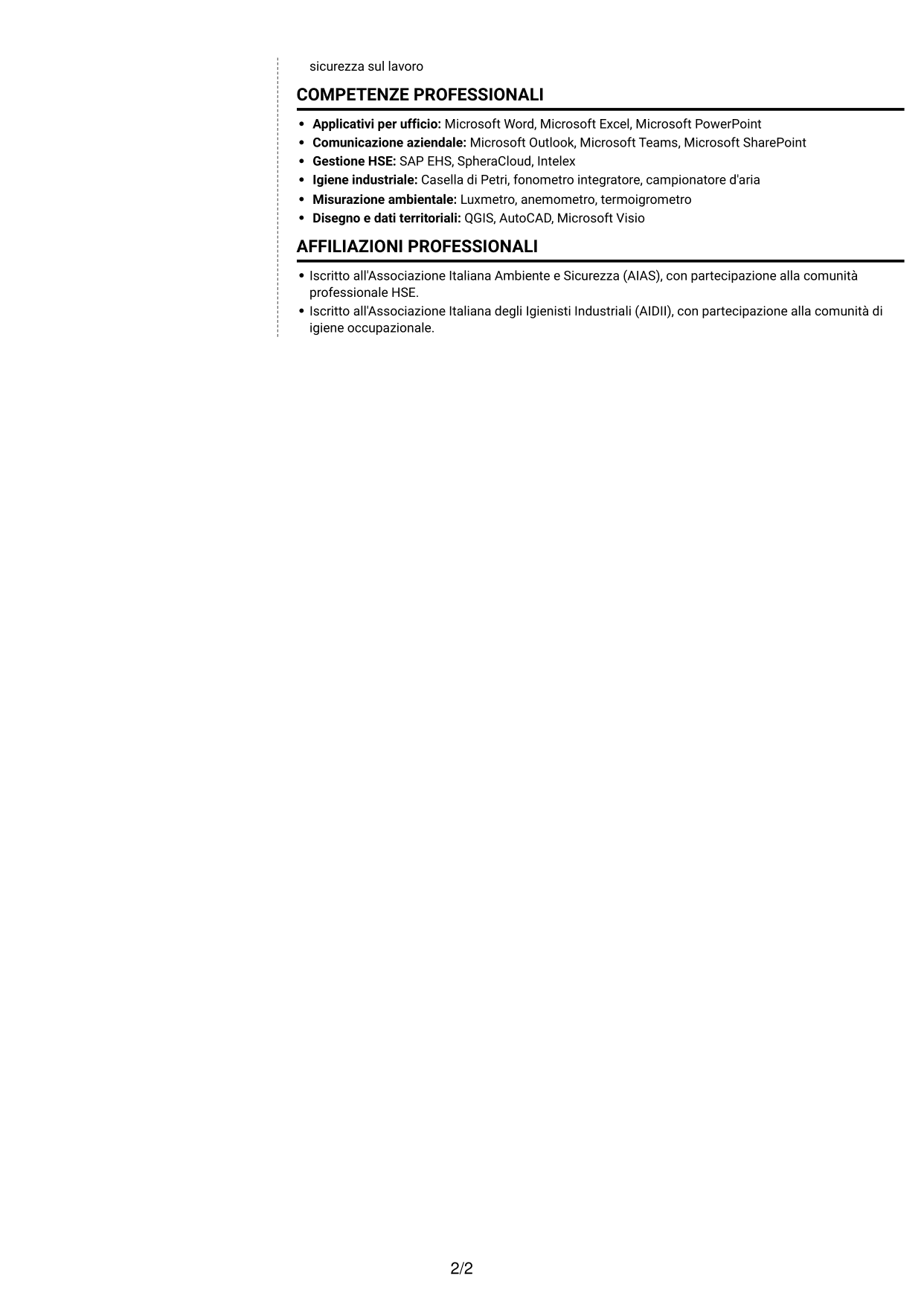 CV Moderno (formato a due colonne con foto a sinistra e separatore): Addetto al Servizio di Prevenzione e Protezione (ASPP) - Sicurezza industriale tessile, pagina 2