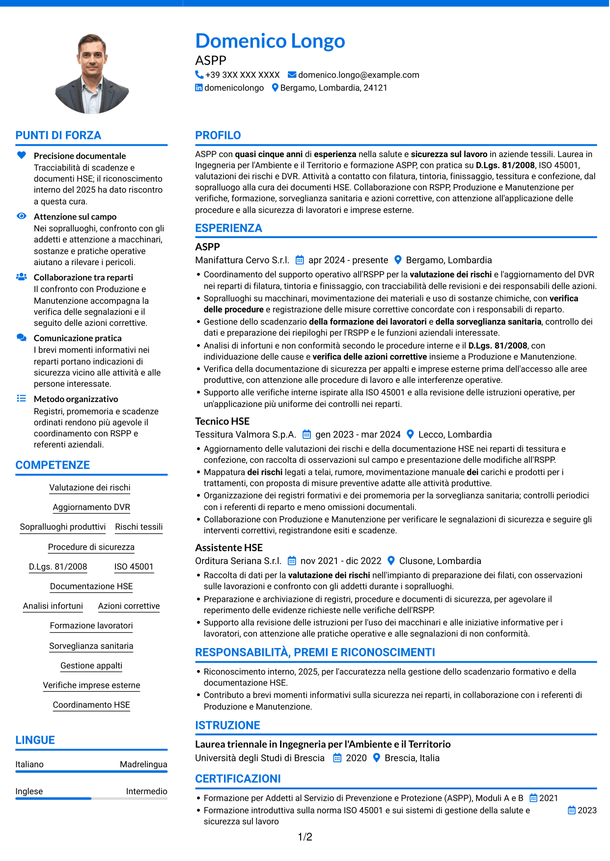 CV Audace (formato a due colonne con accenti colorati e foto): Addetto al Servizio di Prevenzione e Protezione (ASPP) - Sicurezza industriale tessile, pagina 1
