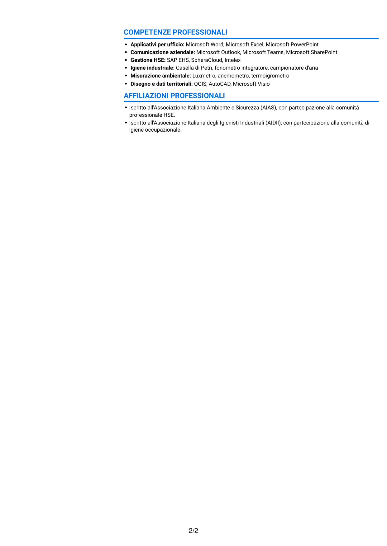 CV Audace (formato a due colonne con accenti colorati e foto): Addetto al Servizio di Prevenzione e Protezione (ASPP) - Sicurezza industriale tessile, pagina 2