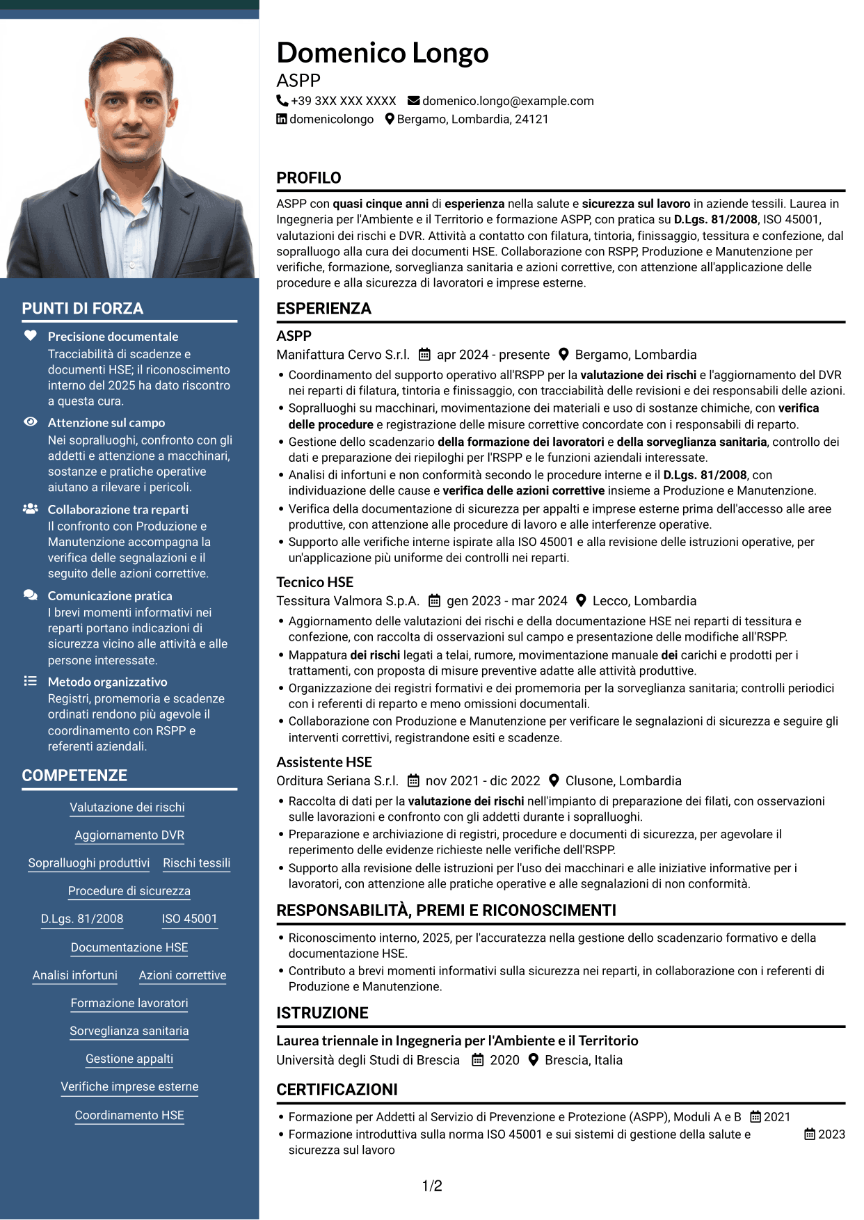 CV Signature (formato con colonna laterale colorata e foto grande): Addetto al Servizio di Prevenzione e Protezione (ASPP) - Sicurezza industriale tessile, pagina 1