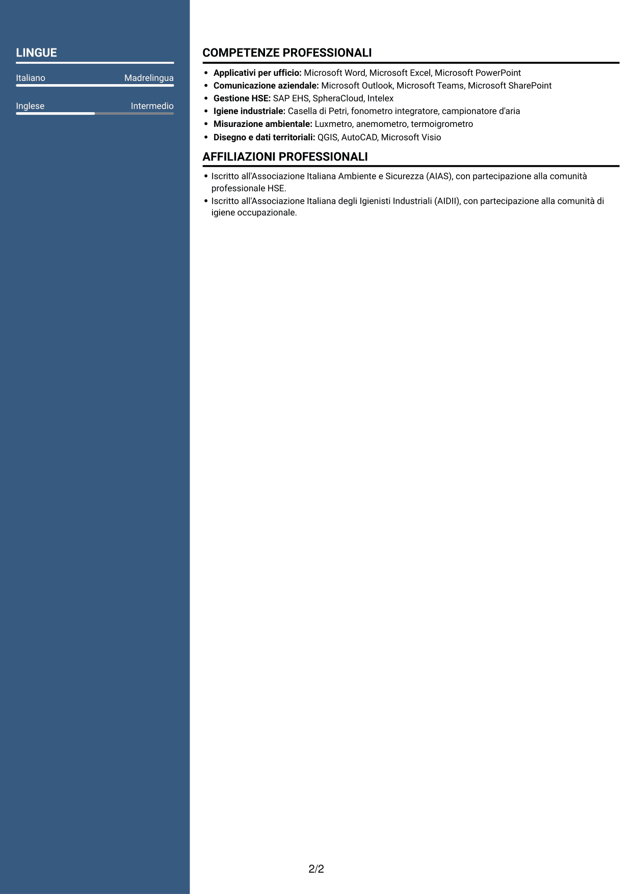 CV Signature (formato con colonna laterale colorata e foto grande): Addetto al Servizio di Prevenzione e Protezione (ASPP) - Sicurezza industriale tessile, pagina 2
