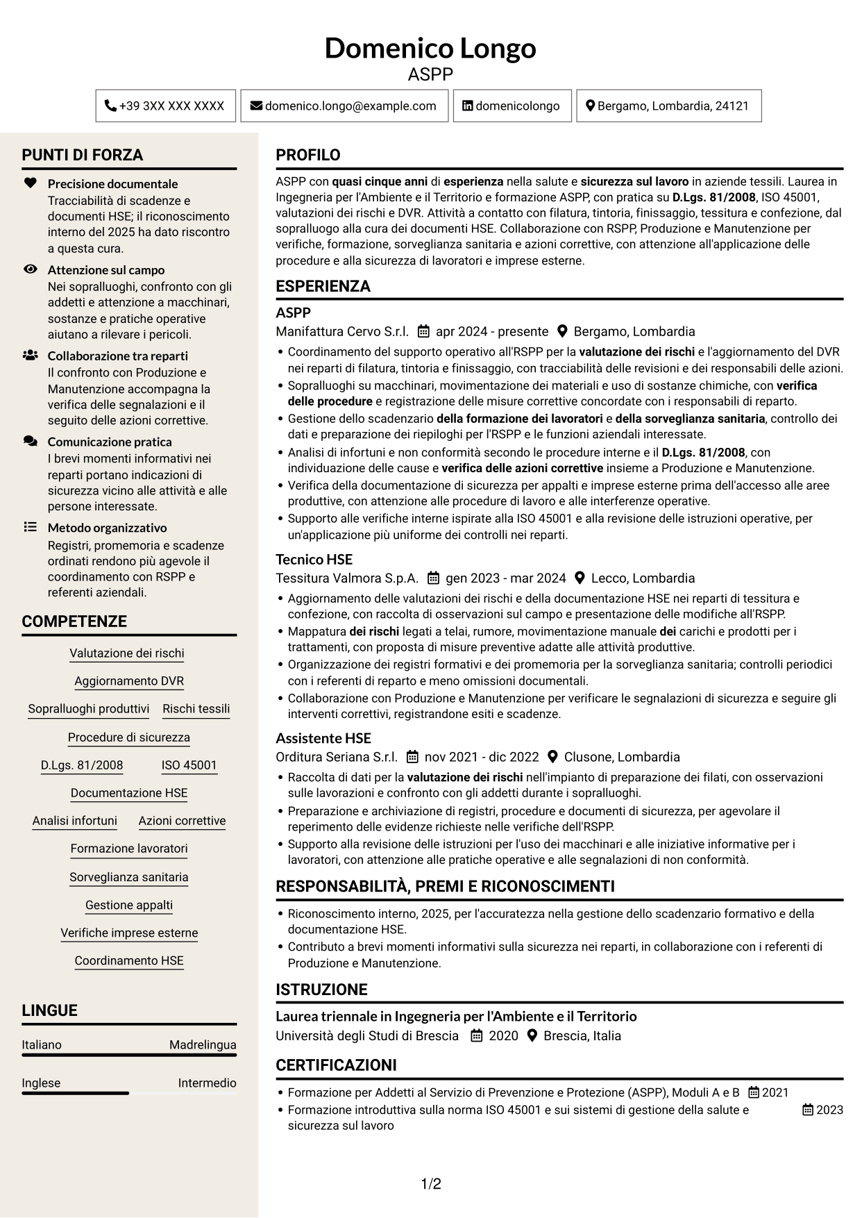 CV Intraprendente (formato a due colonne con intestazione centrata senza foto): Addetto al Servizio di Prevenzione e Protezione (ASPP) - Sicurezza industriale tessile, pagina 1
