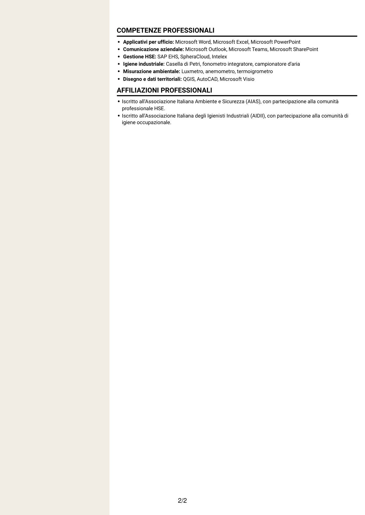 CV Intraprendente (formato a due colonne con intestazione centrata senza foto): Addetto al Servizio di Prevenzione e Protezione (ASPP) - Sicurezza industriale tessile, pagina 2