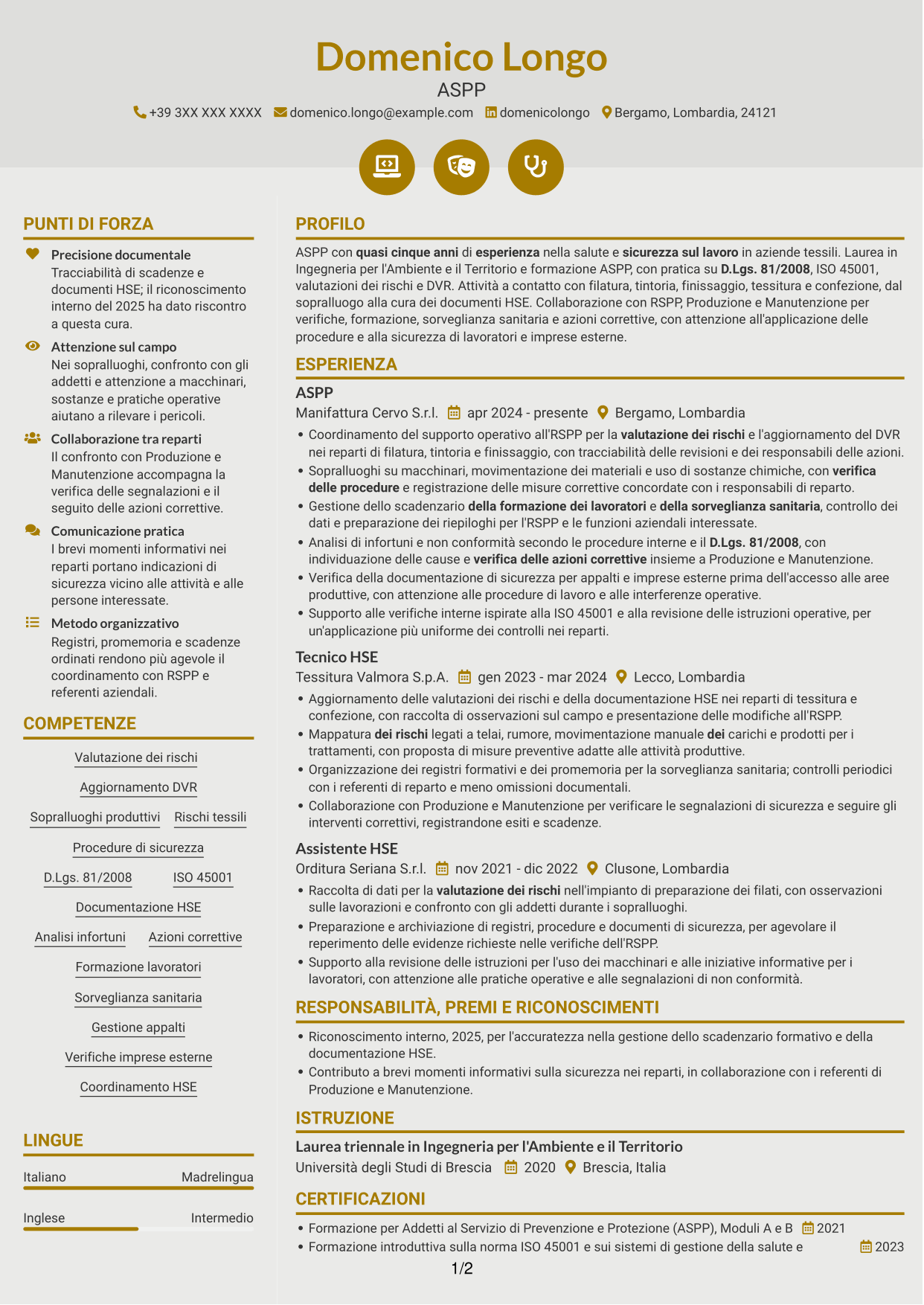 CV Dinamico (formato a due colonne con icone): Addetto al Servizio di Prevenzione e Protezione (ASPP) - Sicurezza industriale tessile, pagina 1
