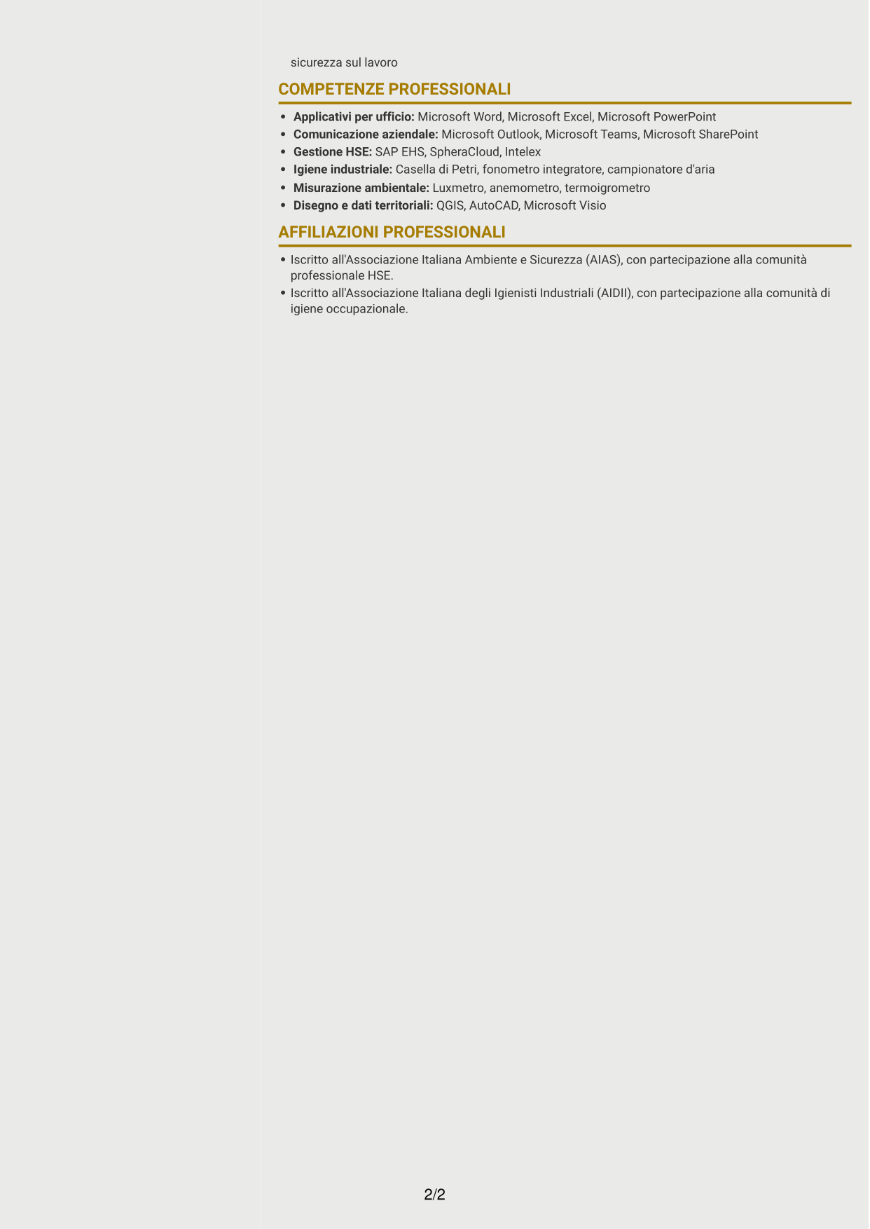 CV Dinamico (formato a due colonne con icone): Addetto al Servizio di Prevenzione e Protezione (ASPP) - Sicurezza industriale tessile, pagina 2