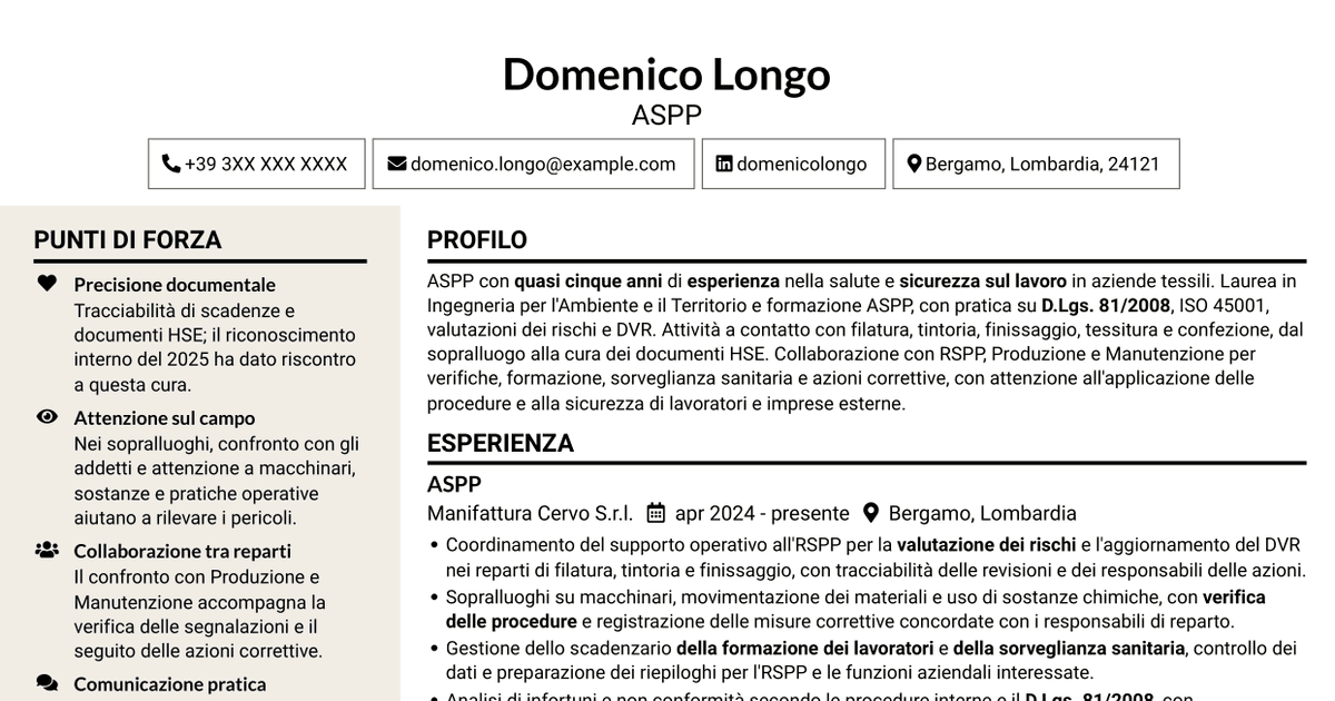 7 modelli di CV per Addetto al Servizio di Prevenzione e Protezione (ASPP) - Sicurezza industriale tessile, con esempi