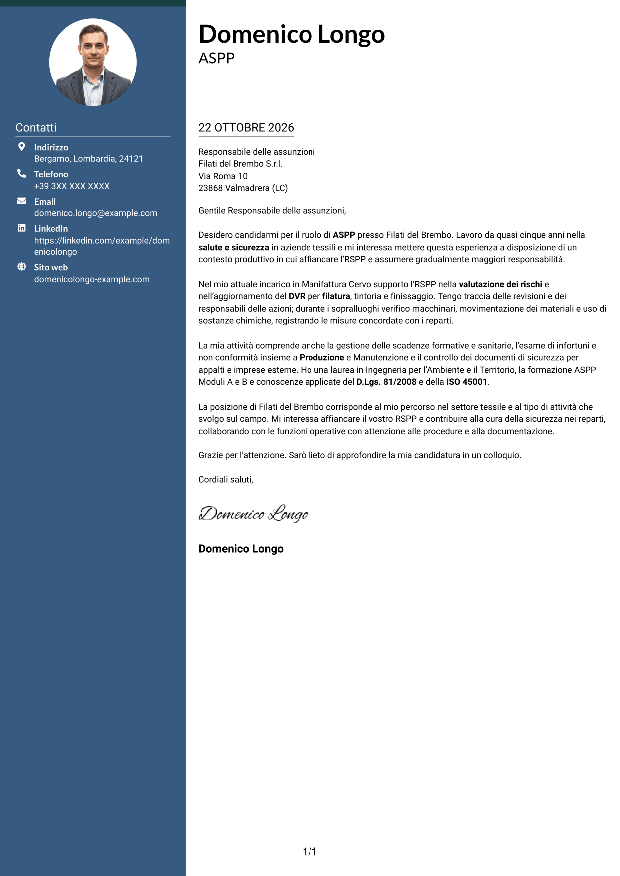 Lettera di presentazione Elegante (formato con colonna laterale colorata e foto): Addetto al Servizio di Prevenzione e Protezione (ASPP) - Sicurezza industriale tessile, pagina 1