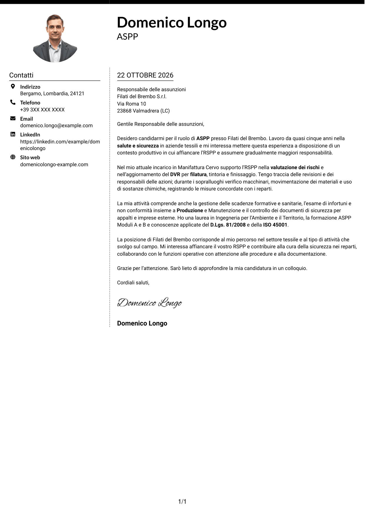 Lettera di presentazione Moderno (formato a due colonne con foto a sinistra e separatore): Addetto al Servizio di Prevenzione e Protezione (ASPP) - Sicurezza industriale tessile, pagina 1