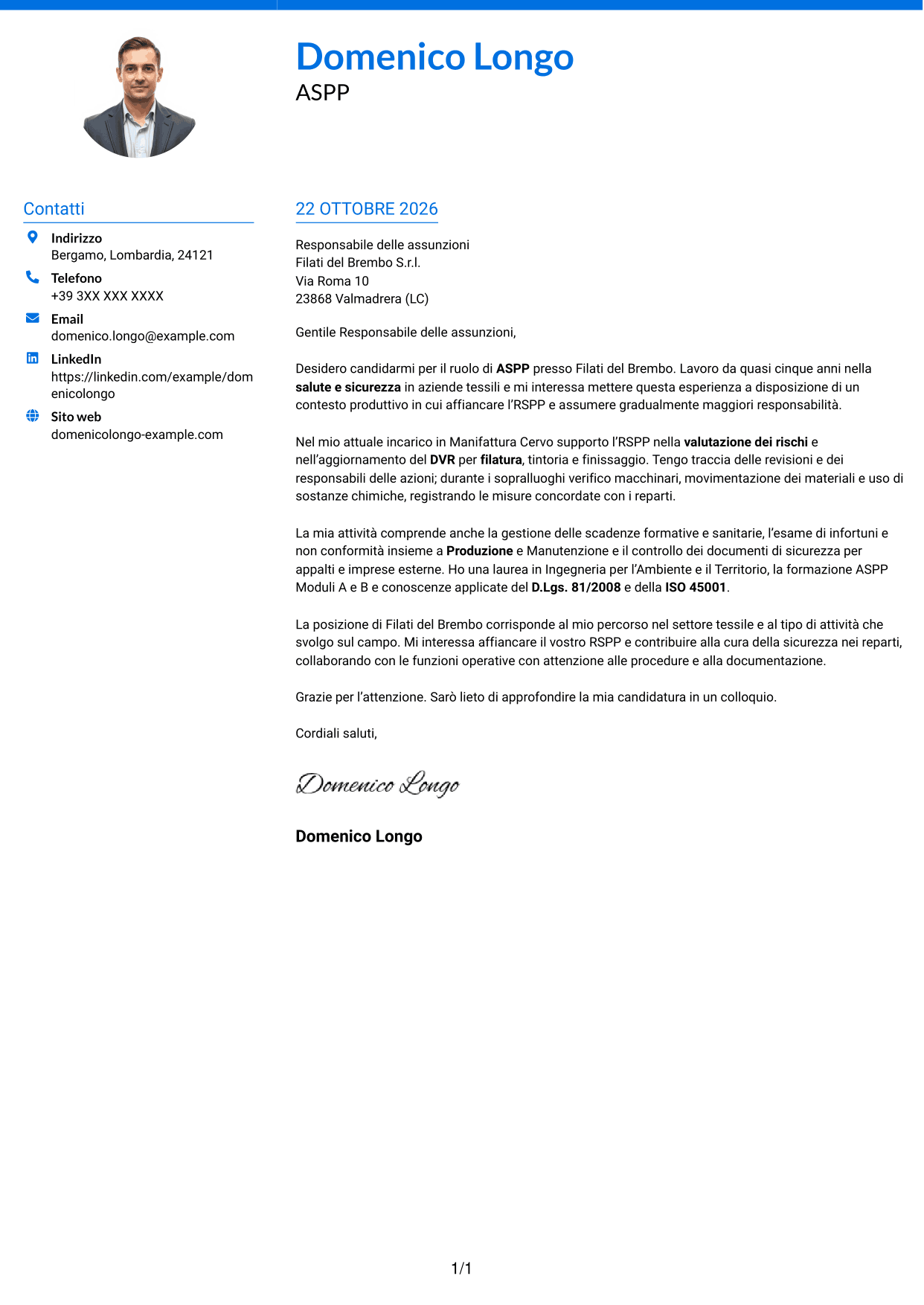 Lettera di presentazione Audace (formato a due colonne con accenti colorati e foto): Addetto al Servizio di Prevenzione e Protezione (ASPP) - Sicurezza industriale tessile, pagina 1