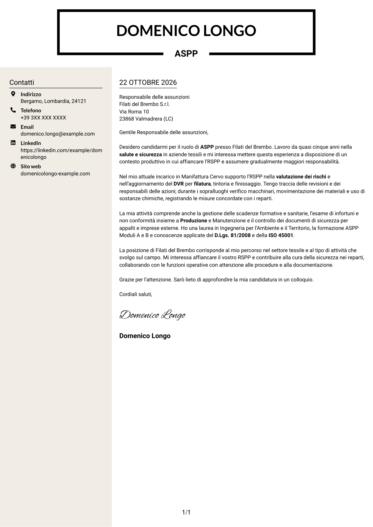 Lettera di presentazione Intraprendente (formato a due colonne con intestazione centrata senza foto): Addetto al Servizio di Prevenzione e Protezione (ASPP) - Sicurezza industriale tessile, pagina 1