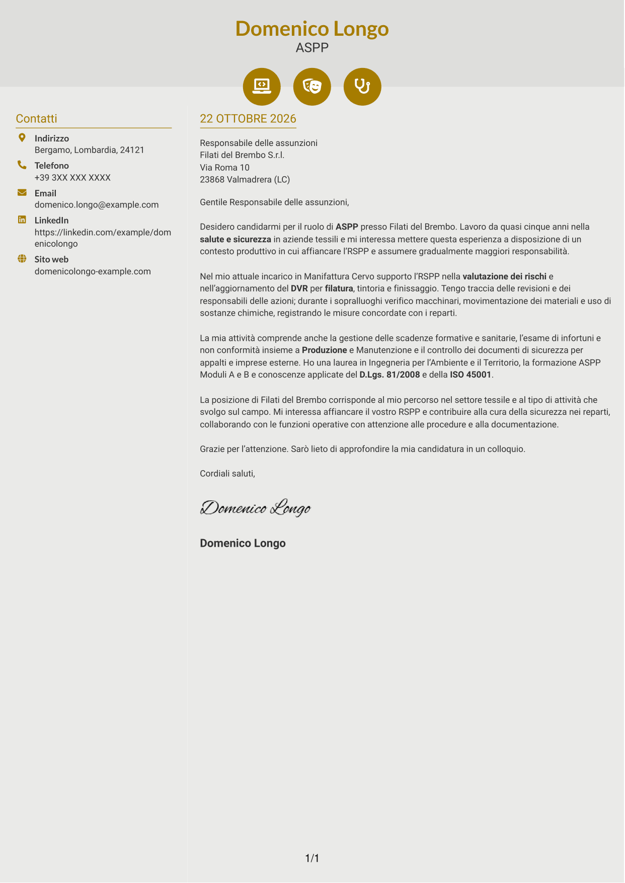 Lettera di presentazione Dinamico (formato a due colonne con icone): Addetto al Servizio di Prevenzione e Protezione (ASPP) - Sicurezza industriale tessile, pagina 1