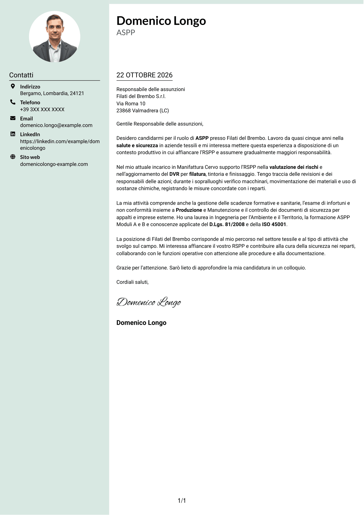 Lettera di presentazione Dirigente (formato con colonna laterale tenue e foto arrotondata): Addetto al Servizio di Prevenzione e Protezione (ASPP) - Sicurezza industriale tessile, pagina 1