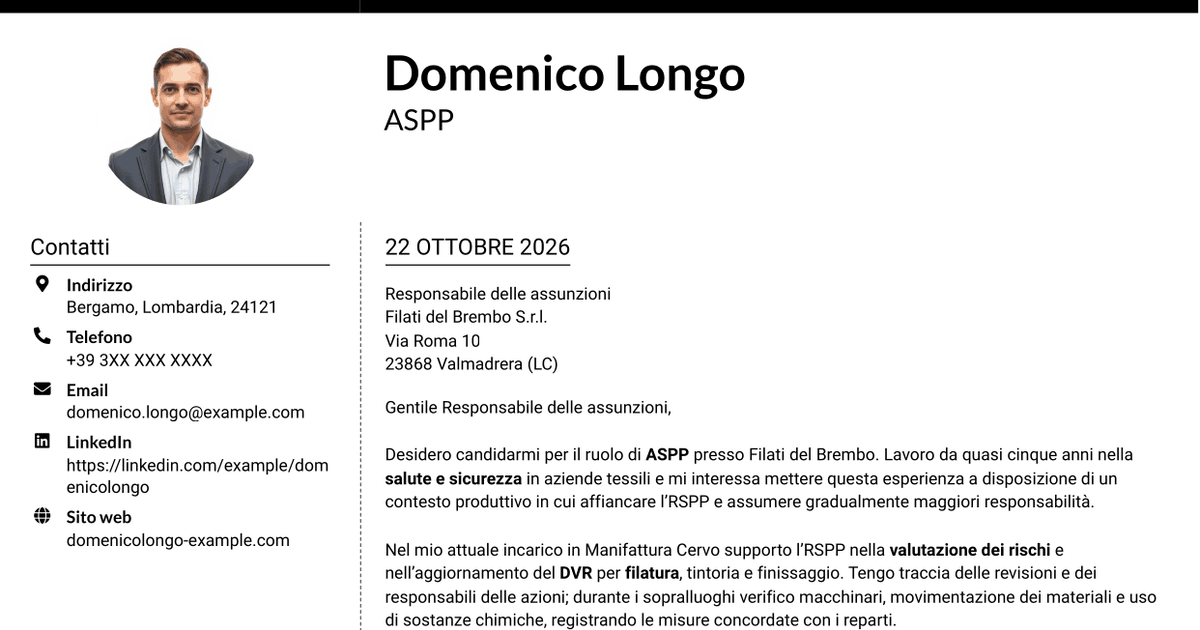 7 modelli di lettera di presentazione per Addetto al Servizio di Prevenzione e Protezione (ASPP) - Sicurezza industriale tessile, con esempi