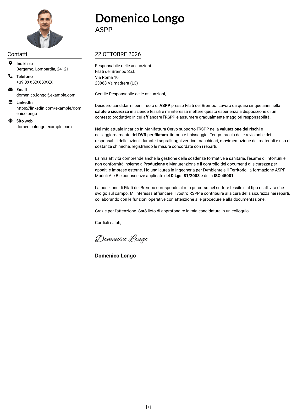 Esempio di lettera di presentazione — pagina 1