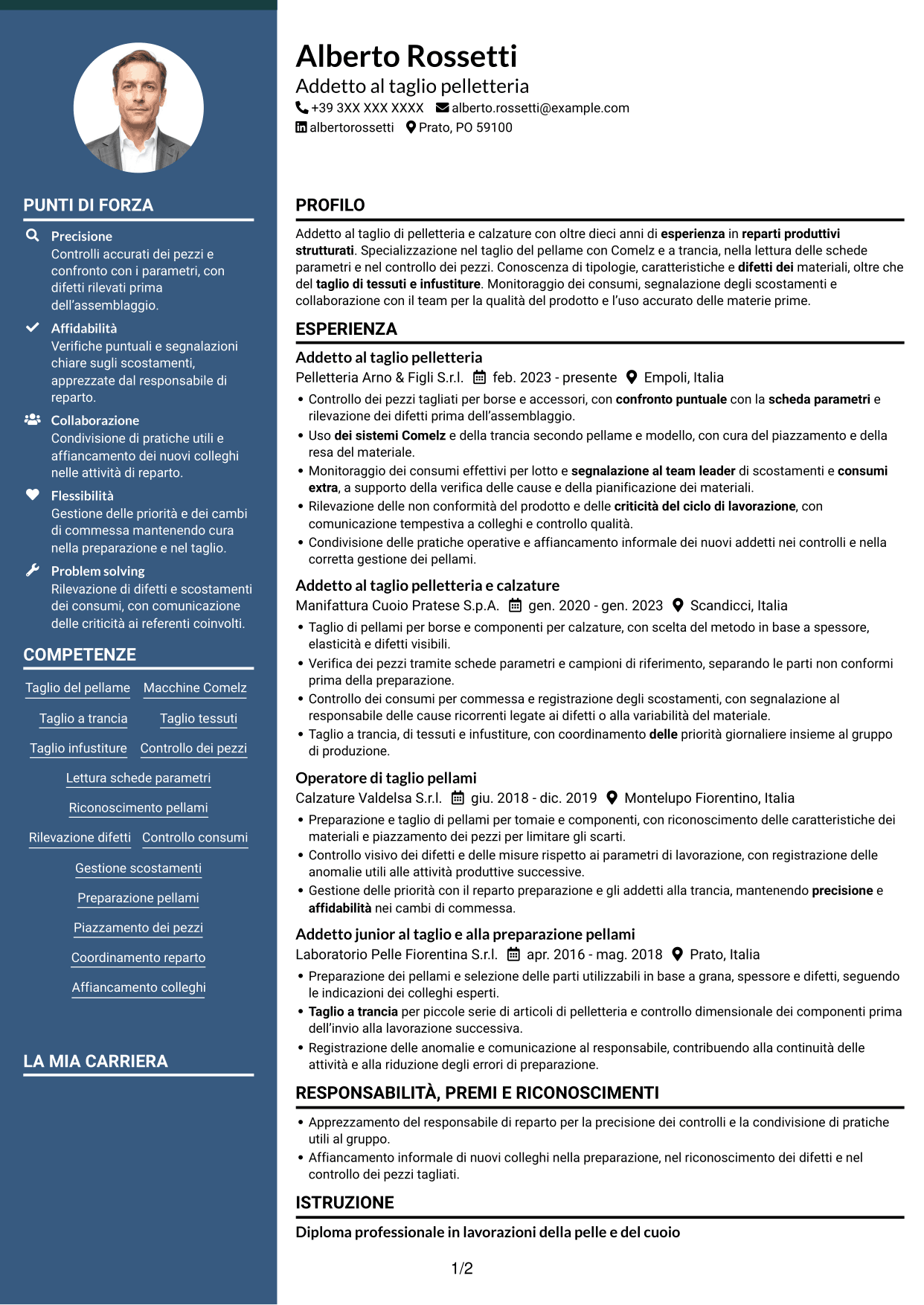 CV Elegante (formato con colonna laterale colorata e foto): Addetto al taglio pelletteria, pagina 1