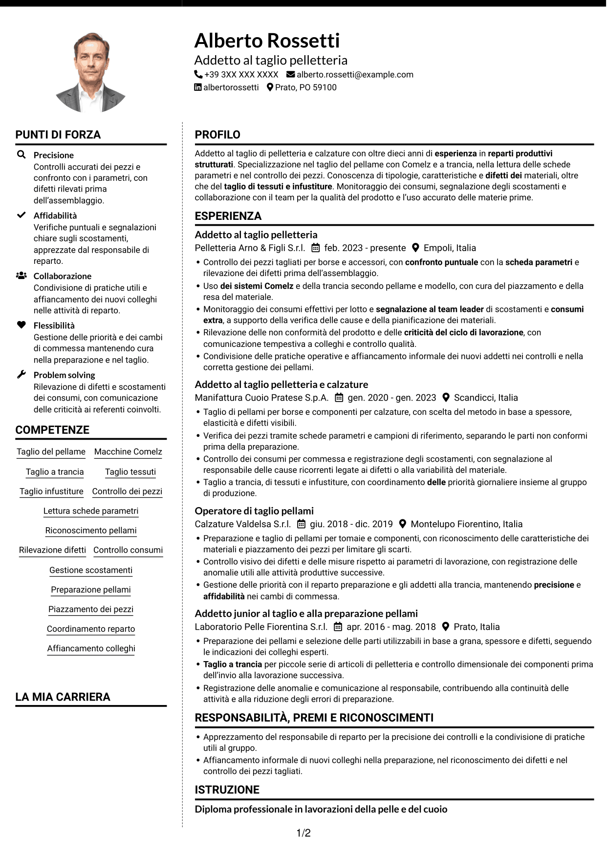 CV Moderno (formato a due colonne con foto a sinistra e separatore): Addetto al taglio pelletteria, pagina 1