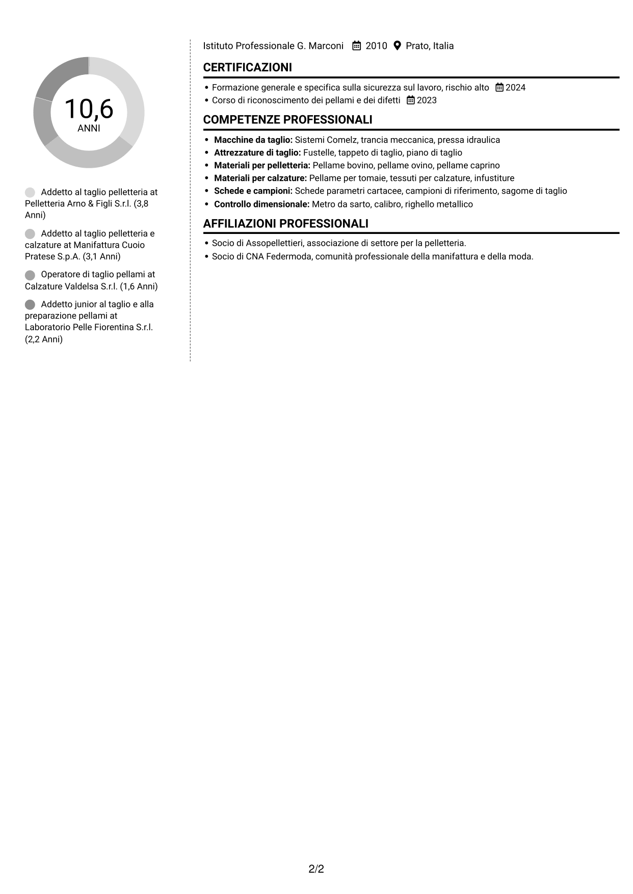 CV Moderno (formato a due colonne con foto a sinistra e separatore): Addetto al taglio pelletteria, pagina 2