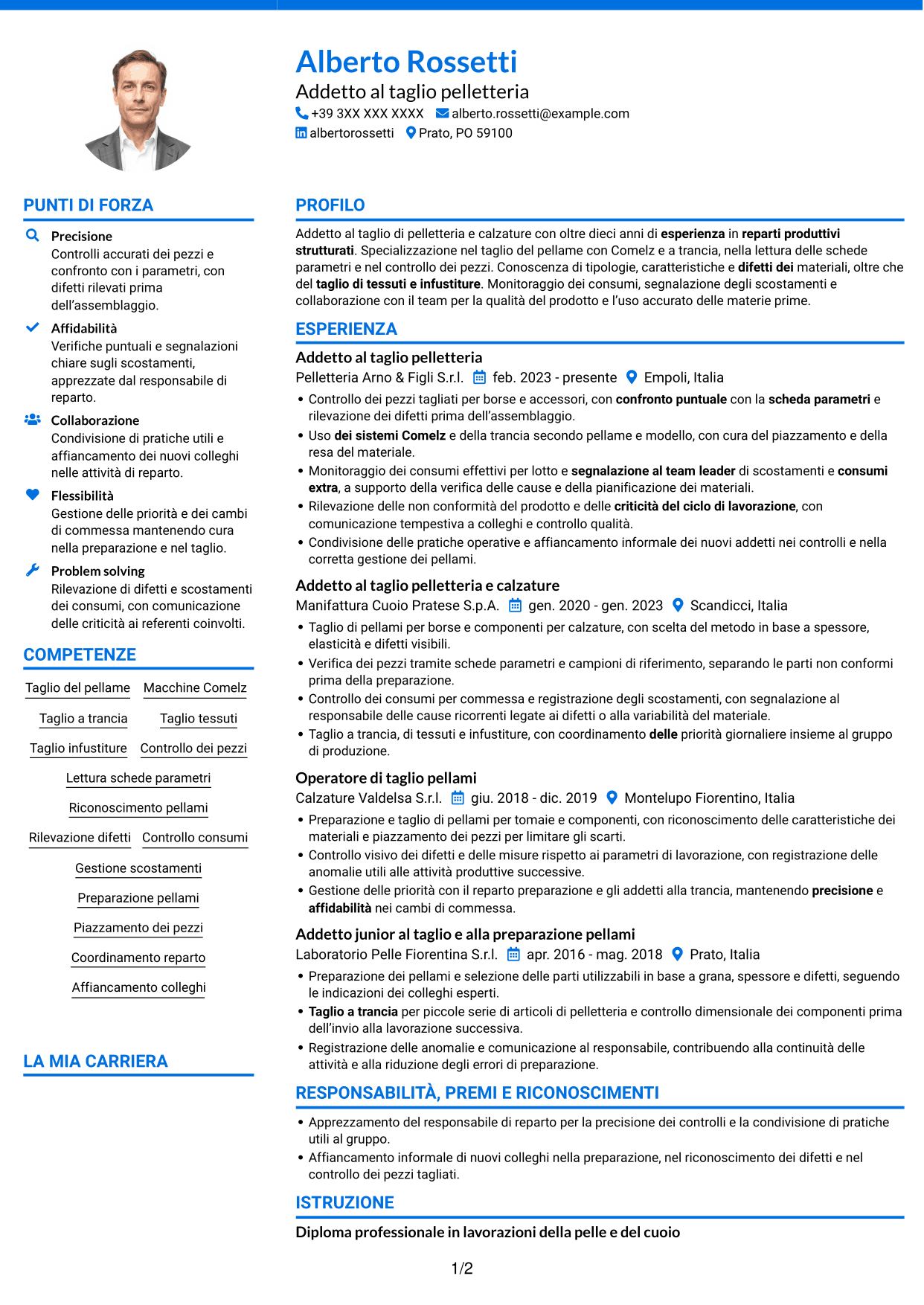 CV Audace (formato a due colonne con accenti colorati e foto): Addetto al taglio pelletteria, pagina 1