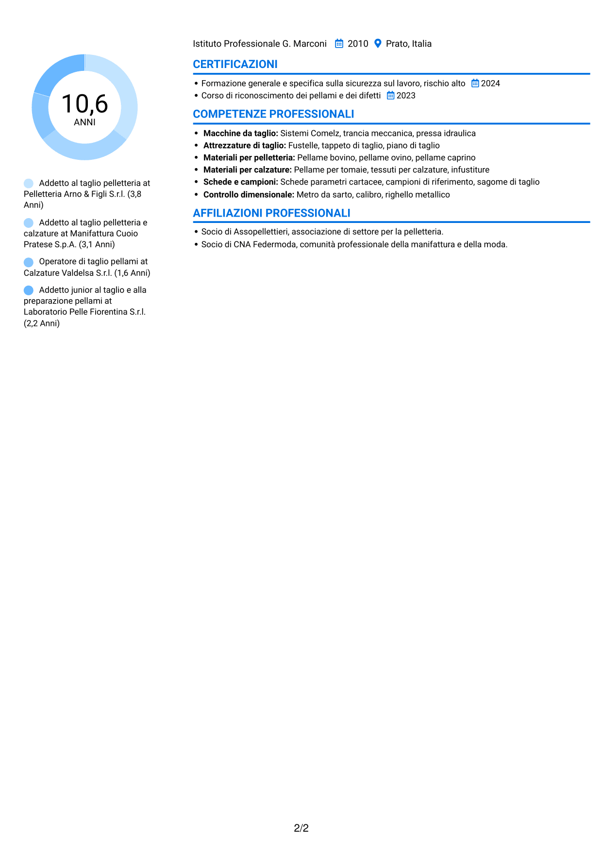 CV Audace (formato a due colonne con accenti colorati e foto): Addetto al taglio pelletteria, pagina 2