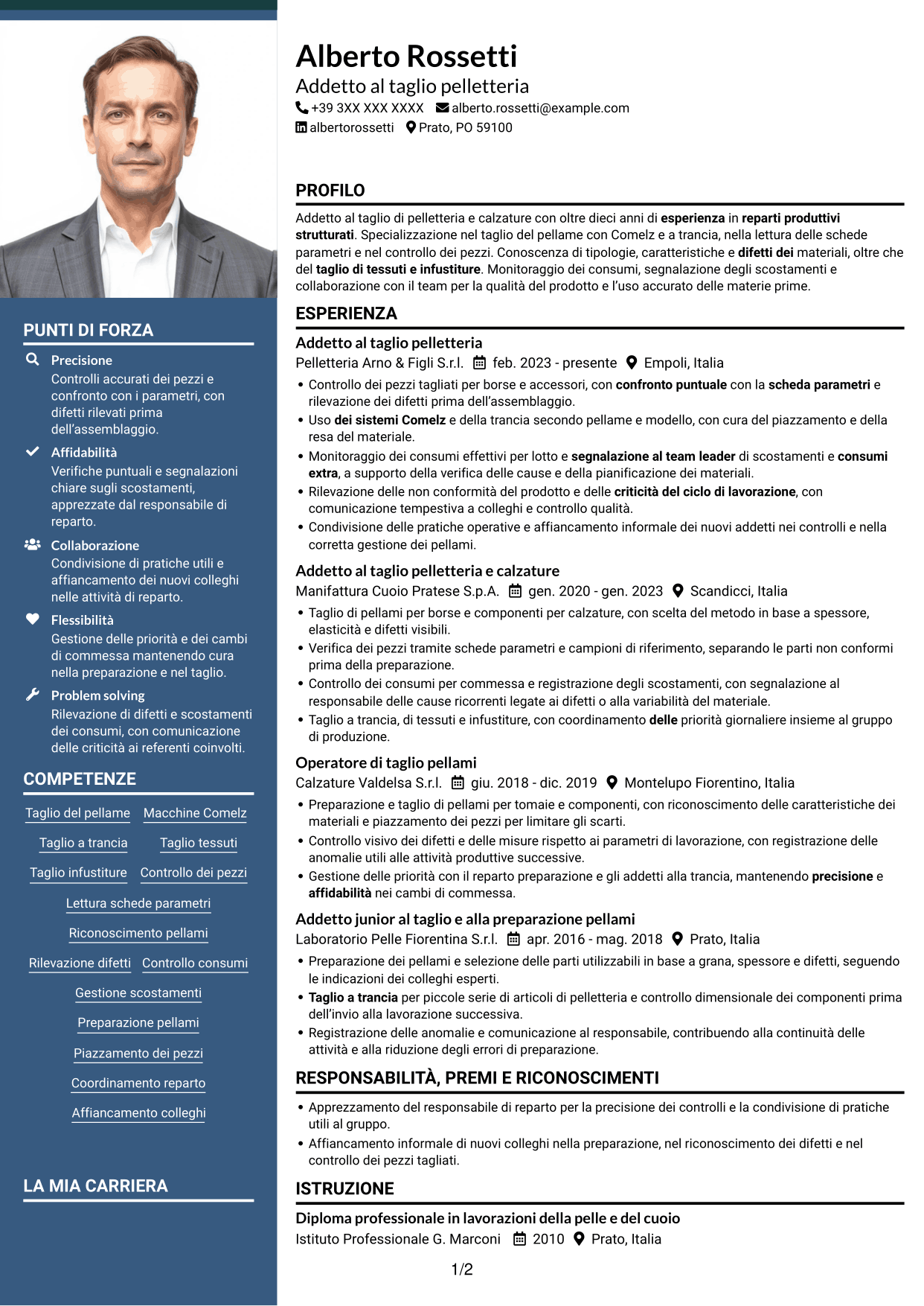 CV Signature (formato con colonna laterale colorata e foto grande): Addetto al taglio pelletteria, pagina 1