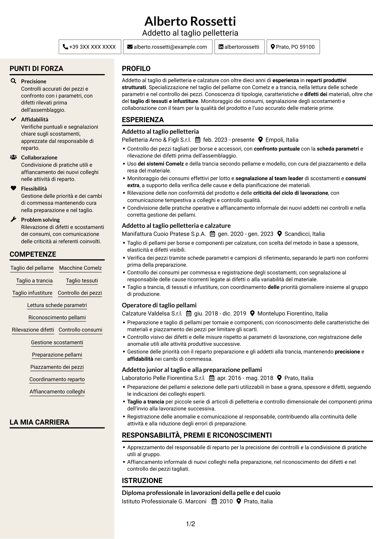 CV Intraprendente (formato a due colonne con intestazione centrata senza foto): Addetto al taglio pelletteria, pagina 1