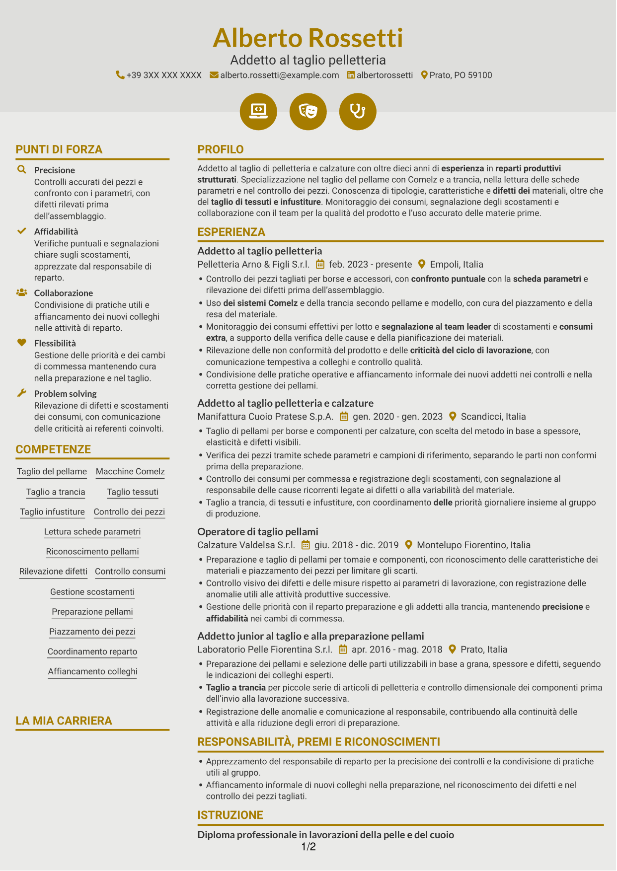 CV Dinamico (formato a due colonne con icone): Addetto al taglio pelletteria, pagina 1