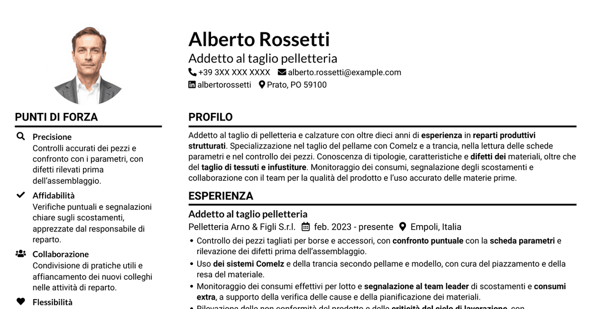 7 modelli di CV per Addetto al taglio pelletteria, con esempi