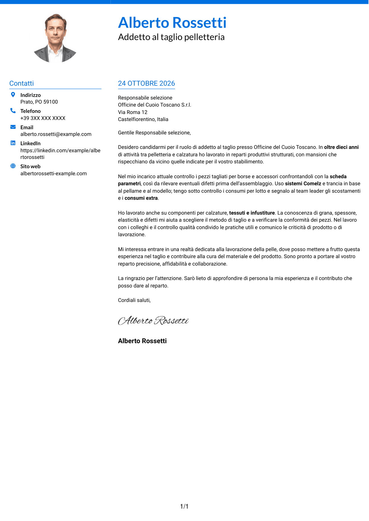 Lettera di presentazione Audace (formato a due colonne con accenti colorati e foto): Addetto al taglio pelletteria, pagina 1