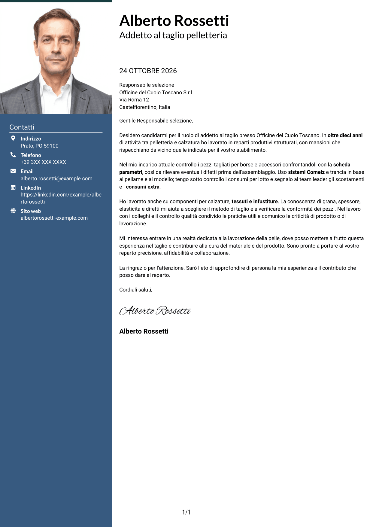 Lettera di presentazione Signature (formato con colonna laterale colorata e foto grande): Addetto al taglio pelletteria, pagina 1