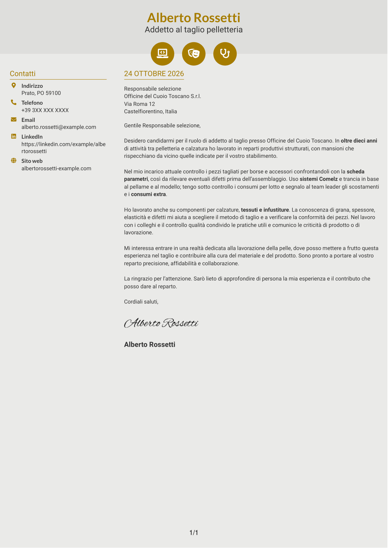 Lettera di presentazione Dinamico (formato a due colonne con icone): Addetto al taglio pelletteria, pagina 1