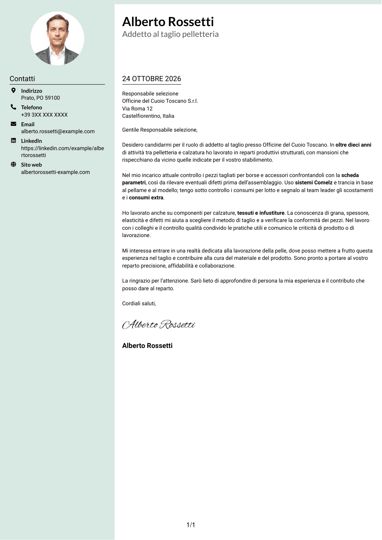 Lettera di presentazione Dirigente (formato con colonna laterale tenue e foto arrotondata): Addetto al taglio pelletteria, pagina 1