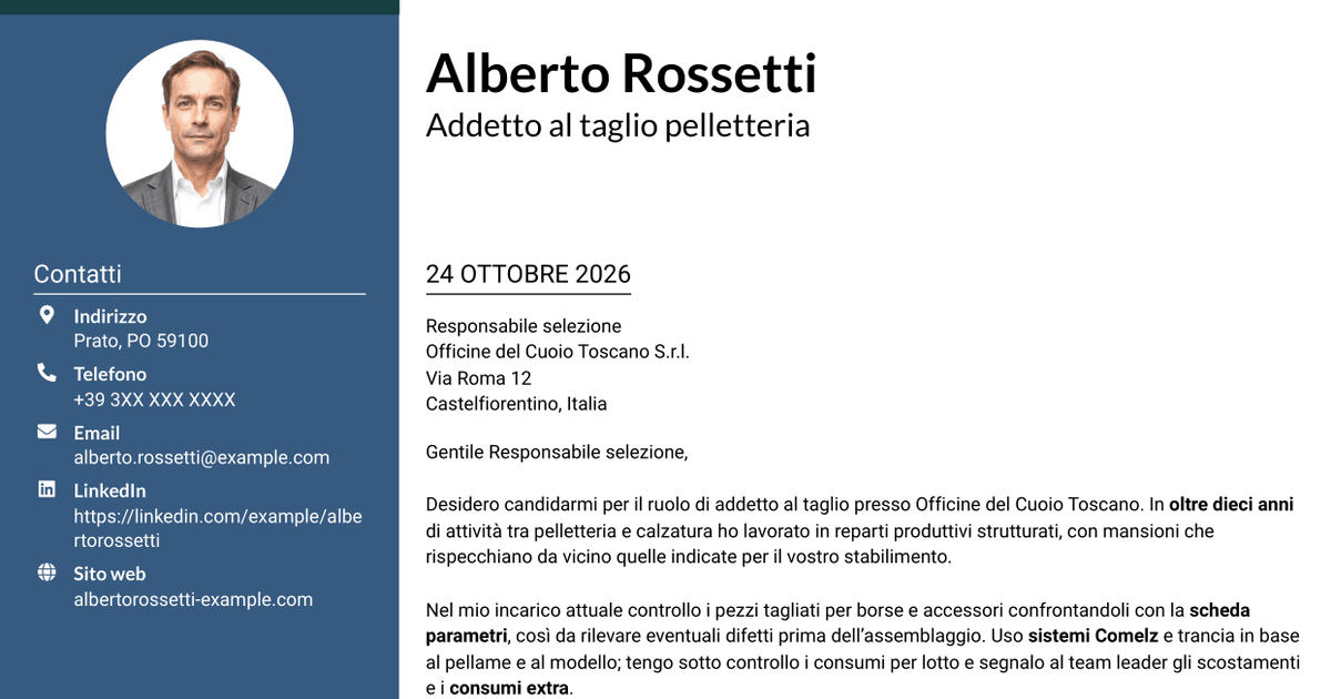 7 modelli di lettera di presentazione per Addetto al taglio pelletteria, con esempi