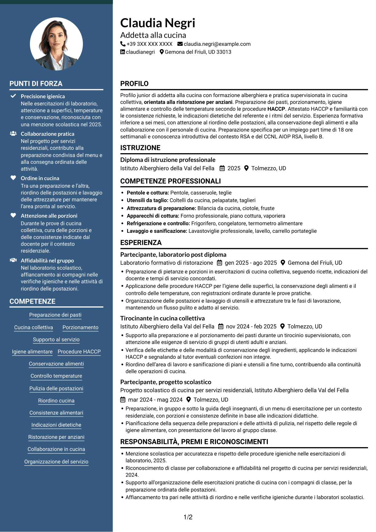 CV Elegante (formato con colonna laterale colorata e foto): Addetto alla cucina - Ristorazione per anziani, pagina 1