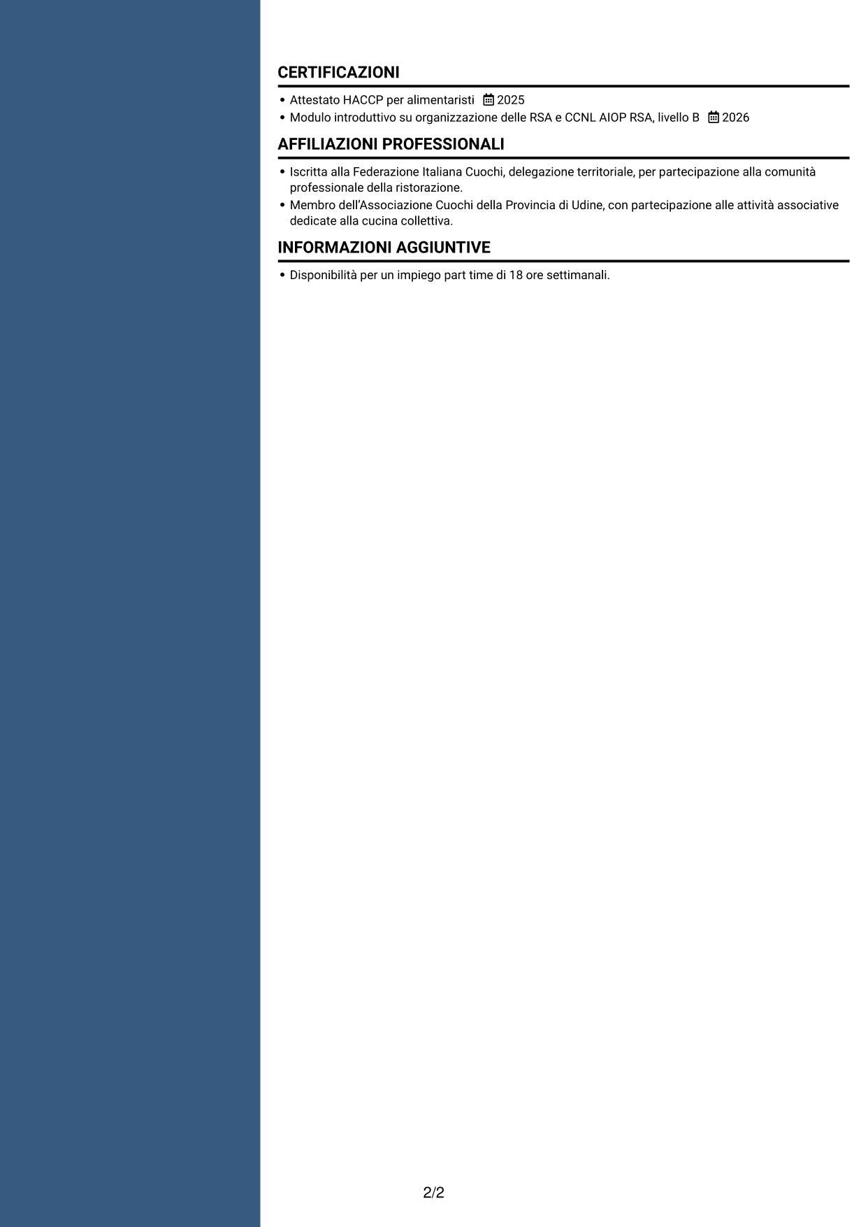 CV Elegante (formato con colonna laterale colorata e foto): Addetto alla cucina - Ristorazione per anziani, pagina 2