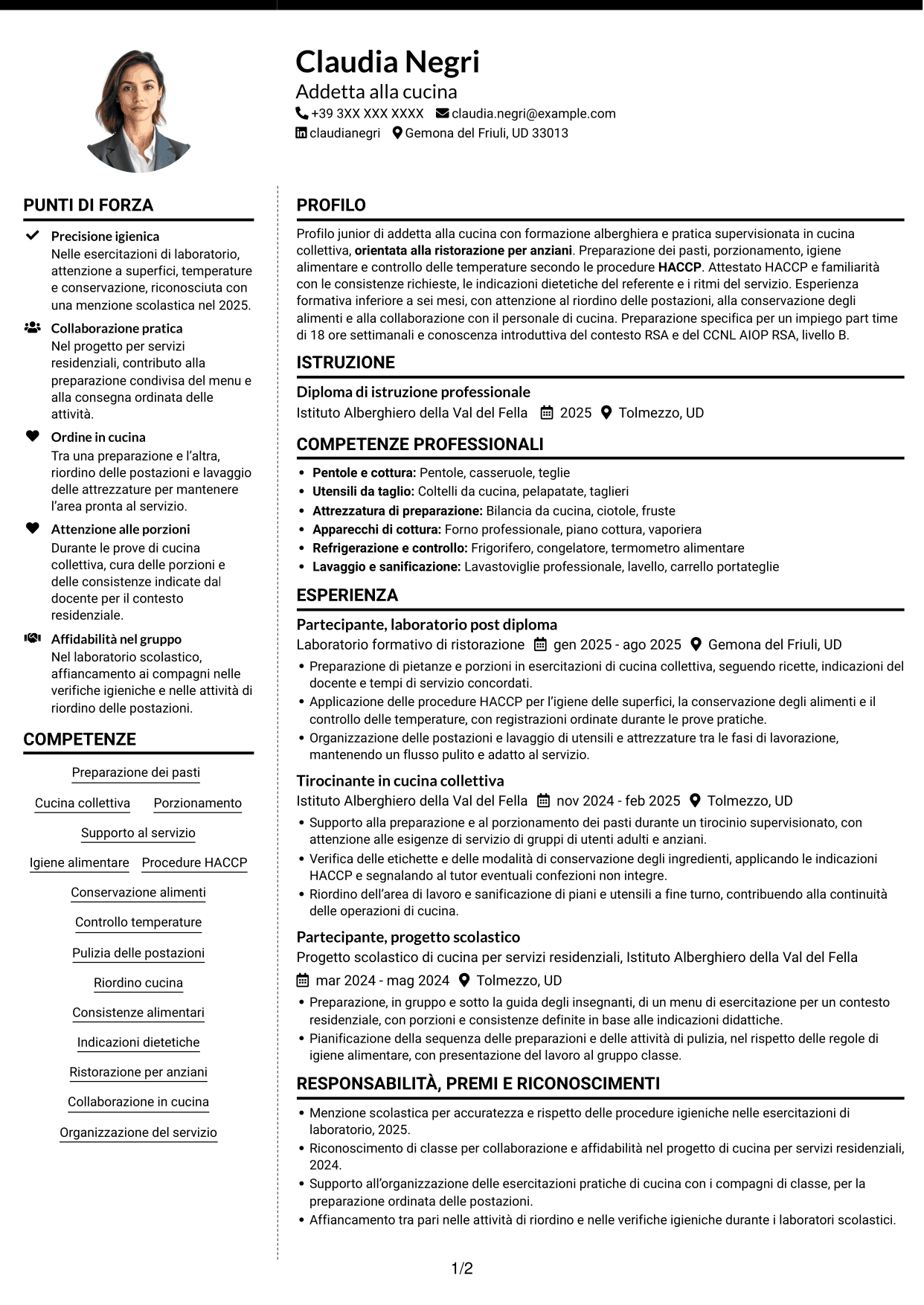 CV Moderno (formato a due colonne con foto a sinistra e separatore): Addetto alla cucina - Ristorazione per anziani, pagina 1