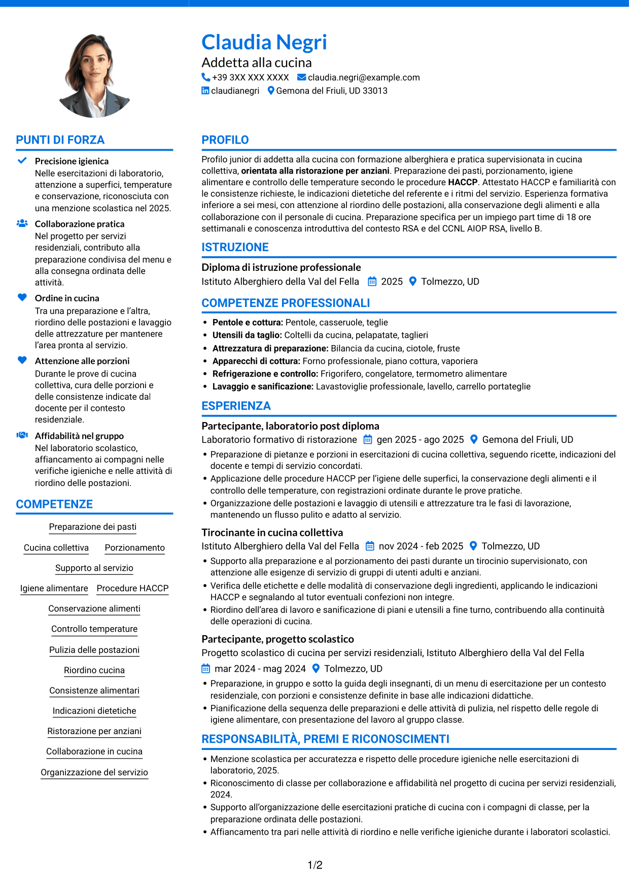CV Audace (formato a due colonne con accenti colorati e foto): Addetto alla cucina - Ristorazione per anziani, pagina 1