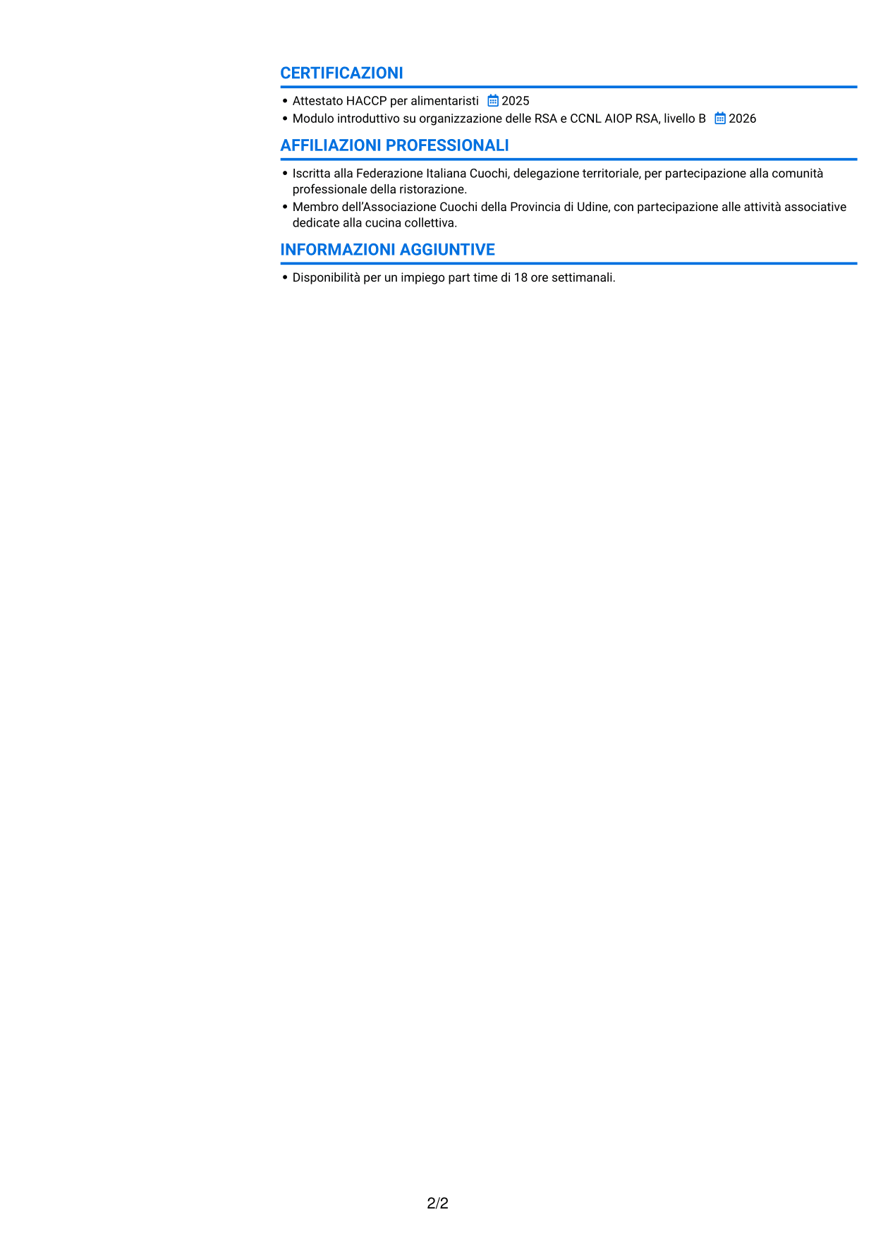 CV Audace (formato a due colonne con accenti colorati e foto): Addetto alla cucina - Ristorazione per anziani, pagina 2