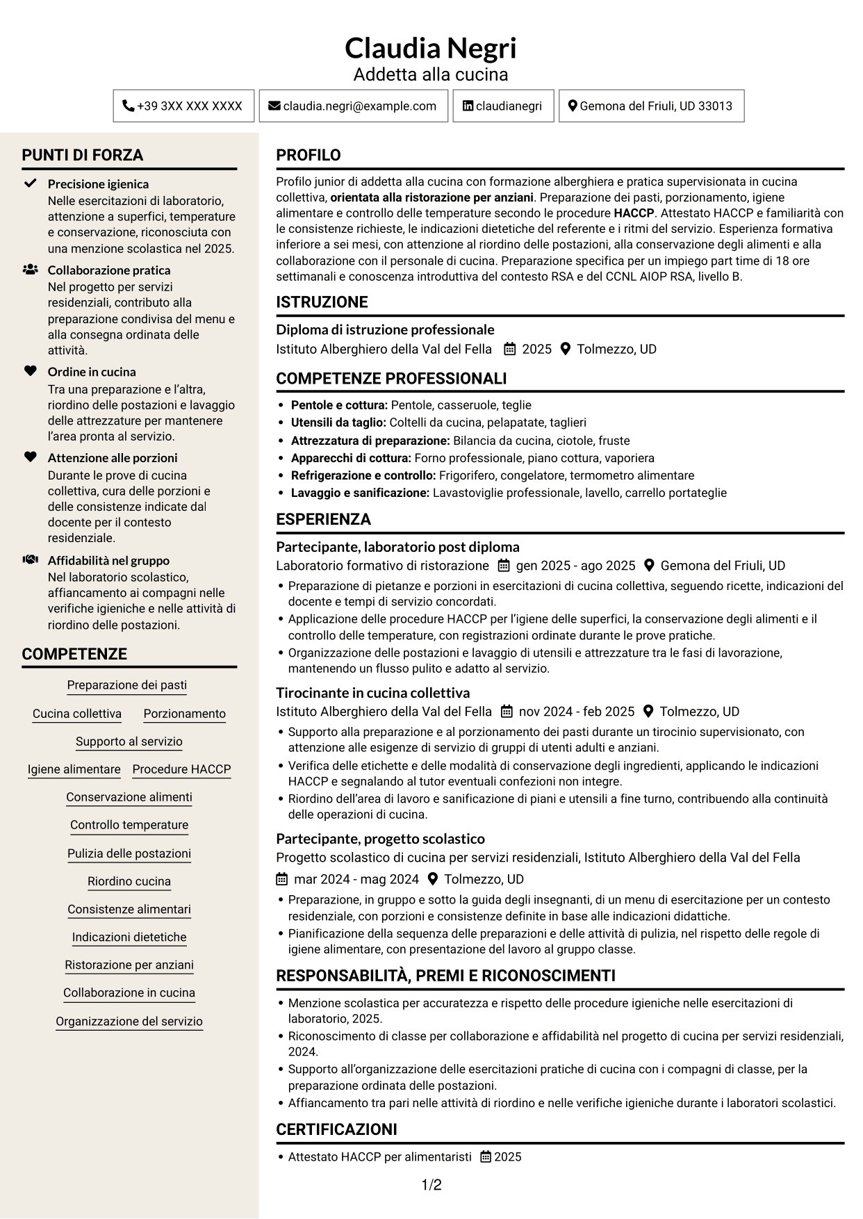 CV Intraprendente (formato a due colonne con intestazione centrata senza foto): Addetto alla cucina - Ristorazione per anziani, pagina 1