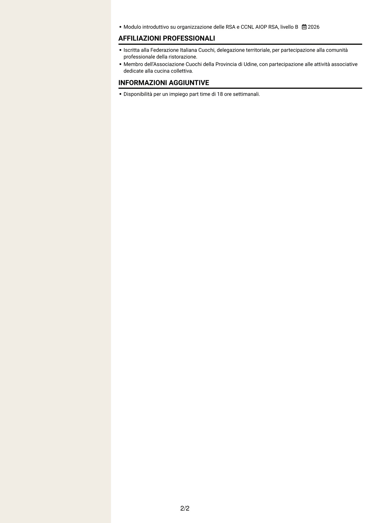 CV Intraprendente (formato a due colonne con intestazione centrata senza foto): Addetto alla cucina - Ristorazione per anziani, pagina 2