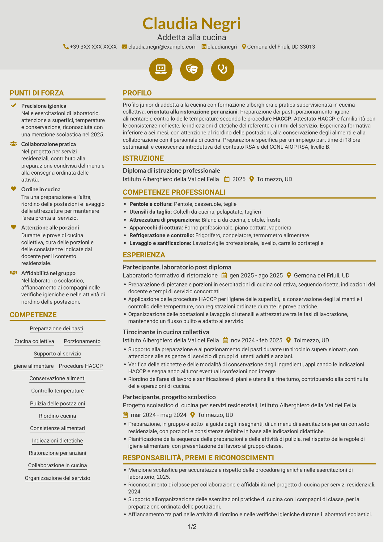 CV Dinamico (formato a due colonne con icone): Addetto alla cucina - Ristorazione per anziani, pagina 1