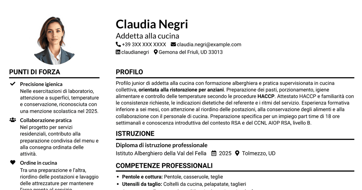 7 modelli di CV per Addetto alla cucina - Ristorazione per anziani, con esempi