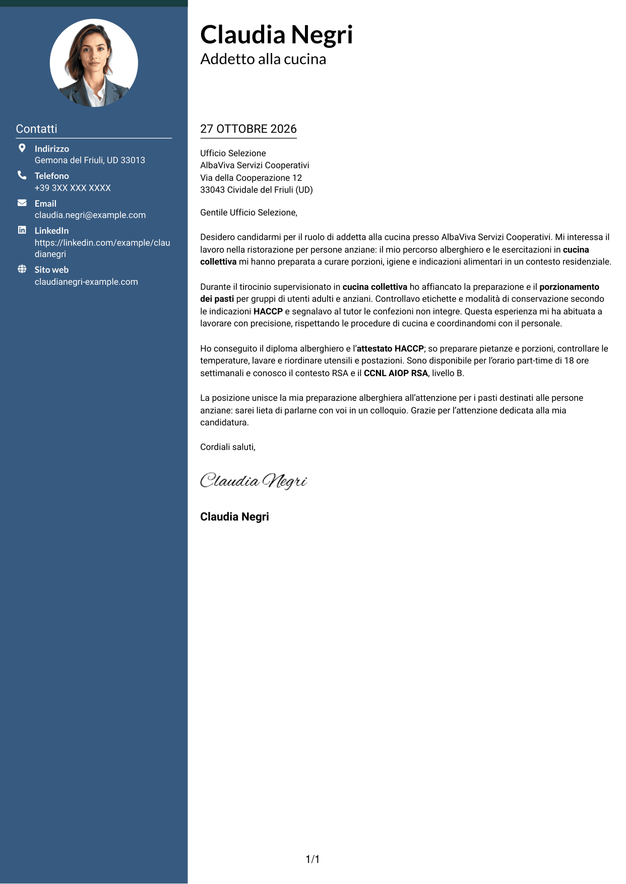Lettera di presentazione Elegante (formato con colonna laterale colorata e foto): Addetto alla cucina - Ristorazione per anziani, pagina 1