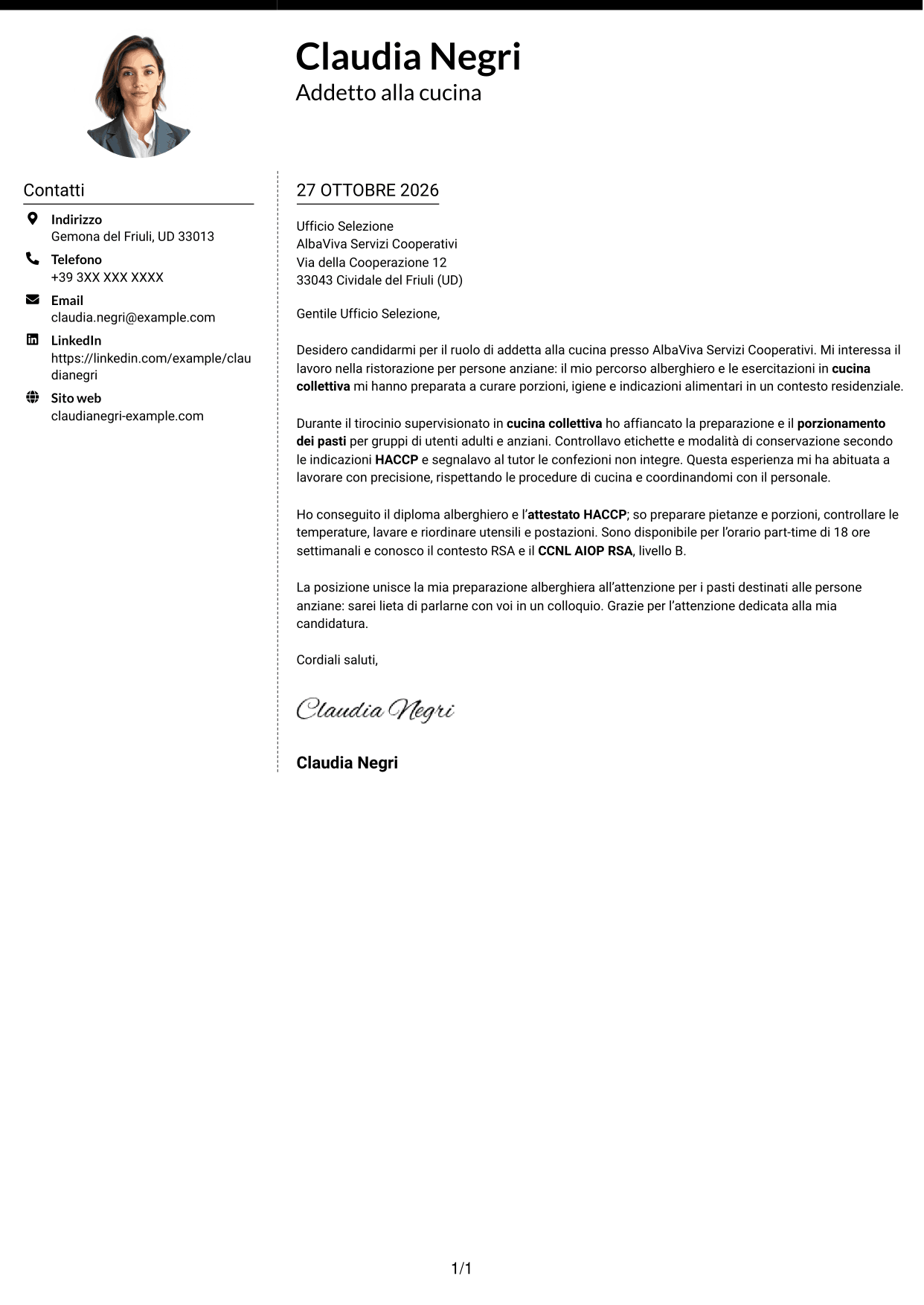 Lettera di presentazione Moderno (formato a due colonne con foto a sinistra e separatore): Addetto alla cucina - Ristorazione per anziani, pagina 1