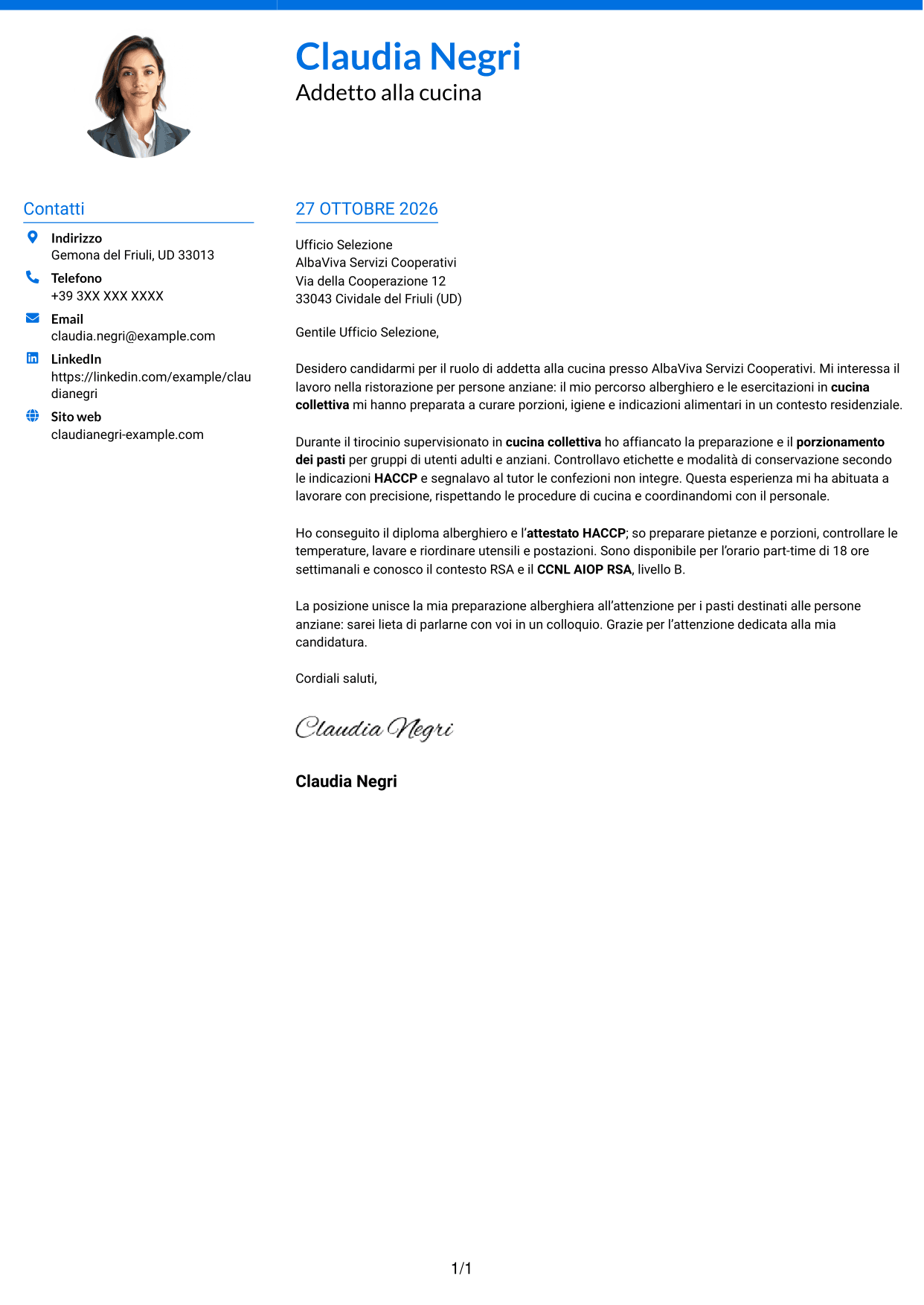 Lettera di presentazione Audace (formato a due colonne con accenti colorati e foto): Addetto alla cucina - Ristorazione per anziani, pagina 1