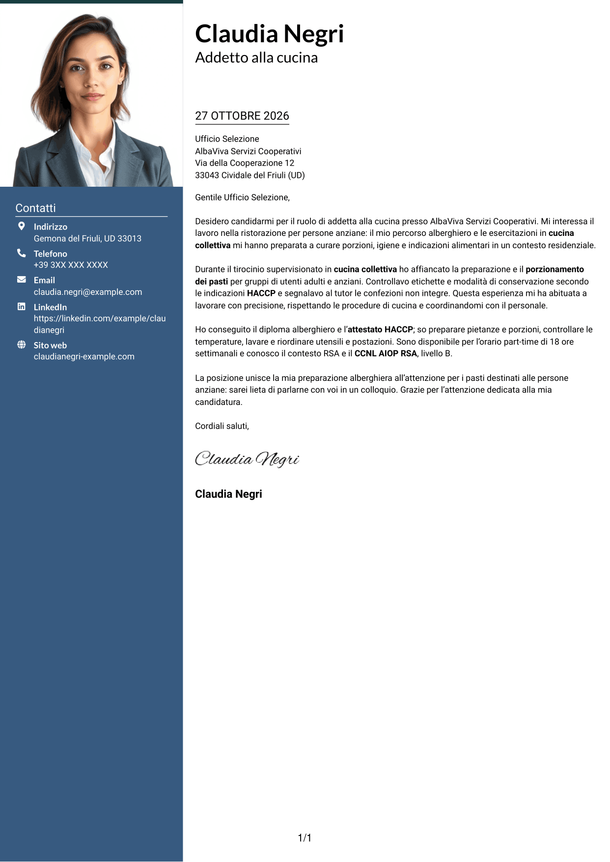Lettera di presentazione Signature (formato con colonna laterale colorata e foto grande): Addetto alla cucina - Ristorazione per anziani, pagina 1