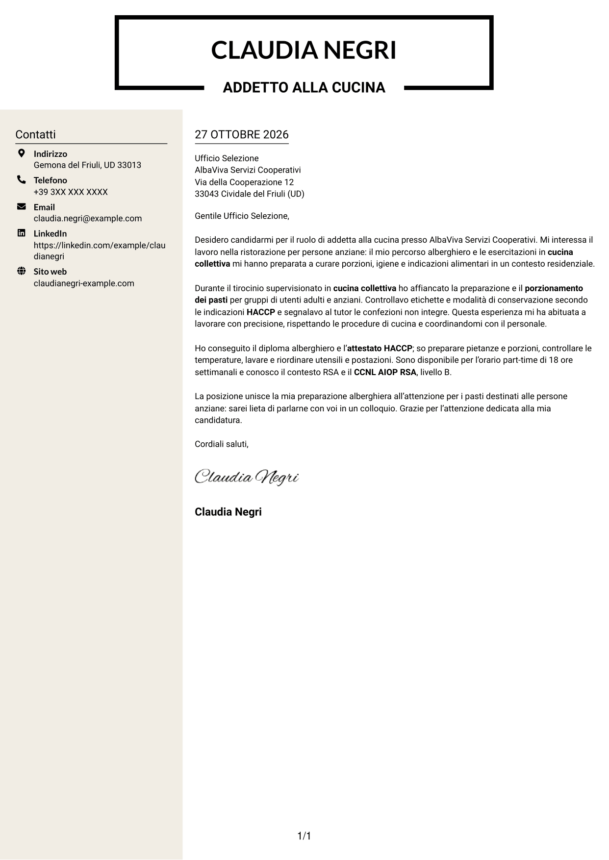 Lettera di presentazione Intraprendente (formato a due colonne con intestazione centrata senza foto): Addetto alla cucina - Ristorazione per anziani, pagina 1