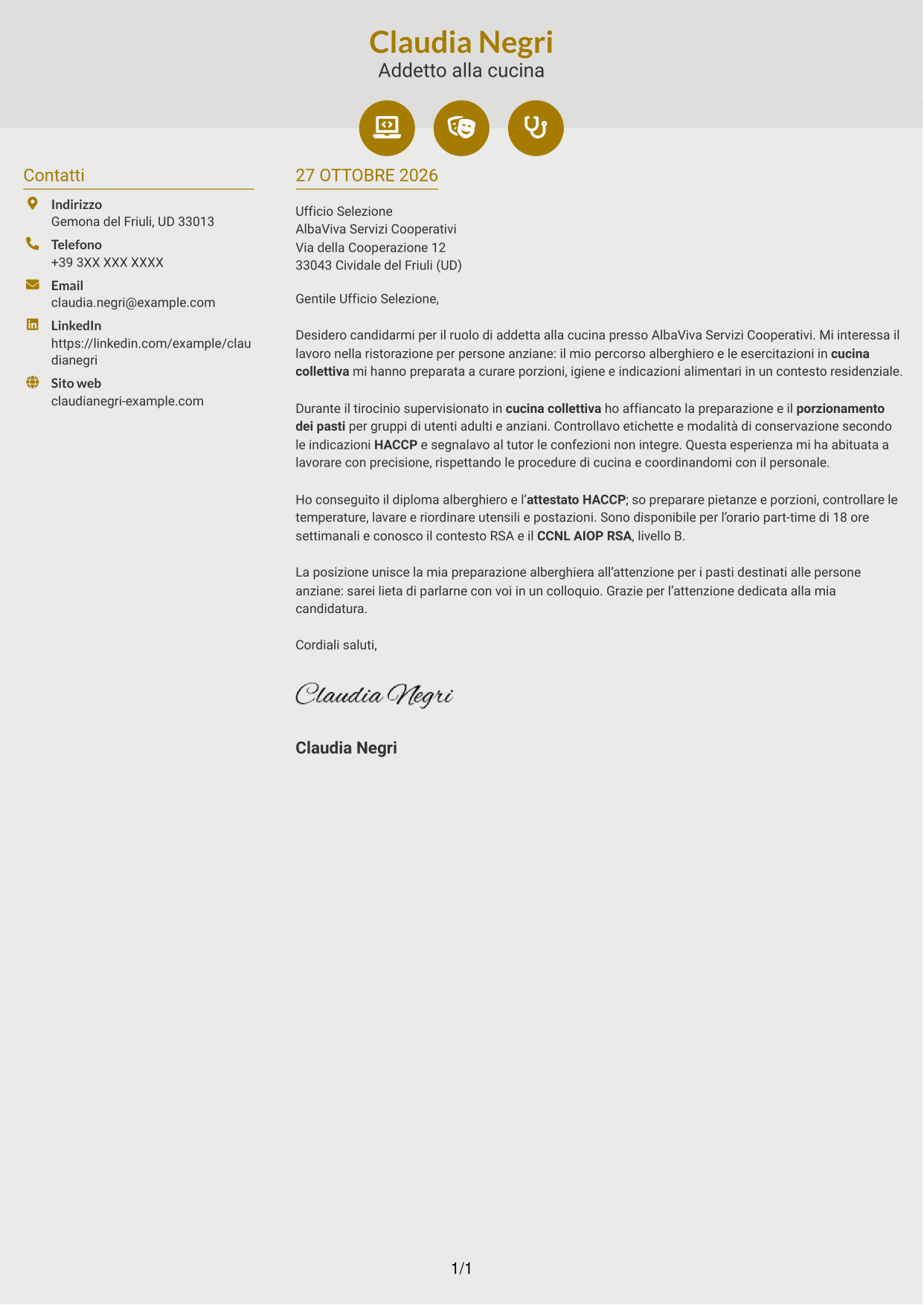 Lettera di presentazione Dinamico (formato a due colonne con icone): Addetto alla cucina - Ristorazione per anziani, pagina 1